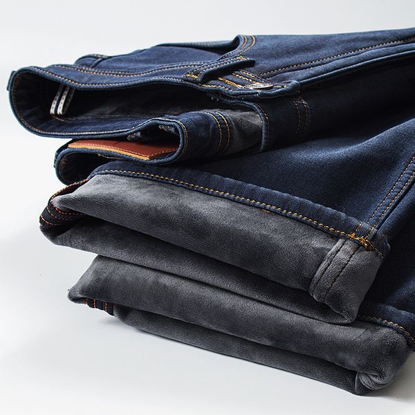 

big plus size men warm jeans 2020 winter new fashion casual fleece elastic straight thick trousers jeans male brand, Blue