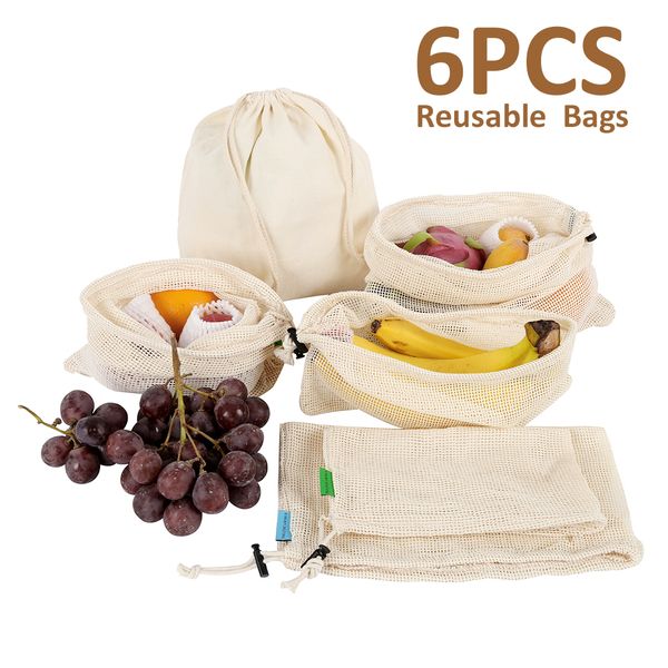 

6pcs/set reusable cotton vegetable bags home kitchen fruit and vegetable storage mesh bags with drawstring machine washable