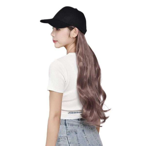 

women one-piece wig baseball hat with long curly big wave wigs 40jf, Blue;gray
