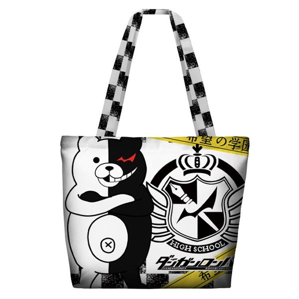 

danganronpa black white bear double sides printed hand bag shoulder bag women men shopping shopper tote canvas zipper