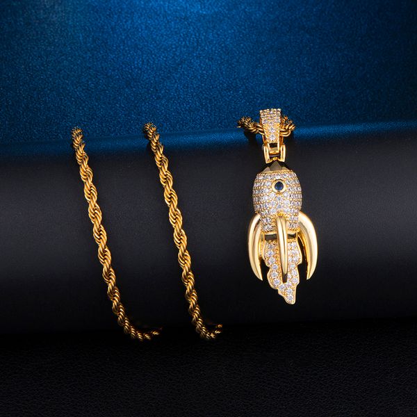 

us7 bling iced out micro paved cz rocket shape pendant&necklaces gold silver color hip hop necklace men's jewelry gift