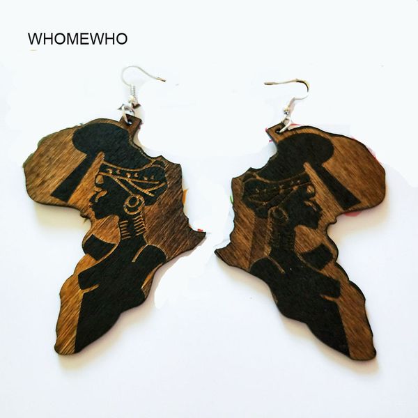 

brown wood africa map tribal engraved tropical fashion black women earring vintage retro wooden african hiphop jewelry accessory, Silver