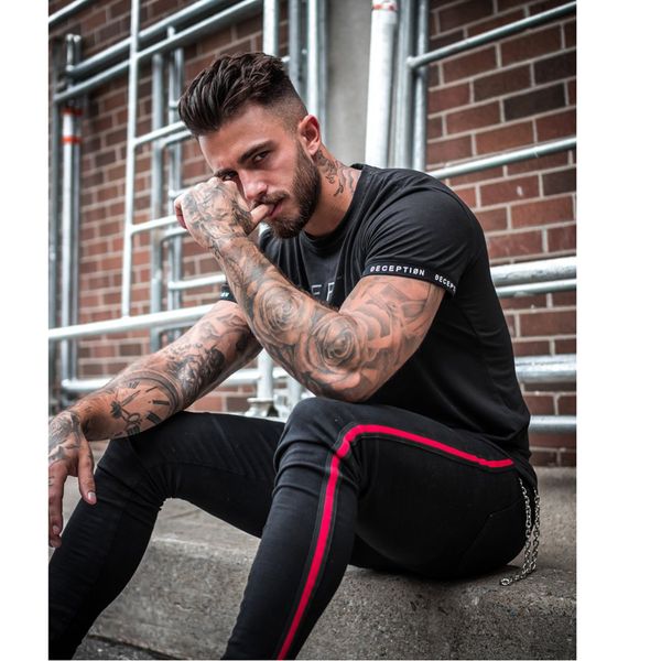 

mens side stripe skinny fit black denim jeans hip hop streetwear solid color plus size slim fit lightweight cotton jeans for men lf819, Blue