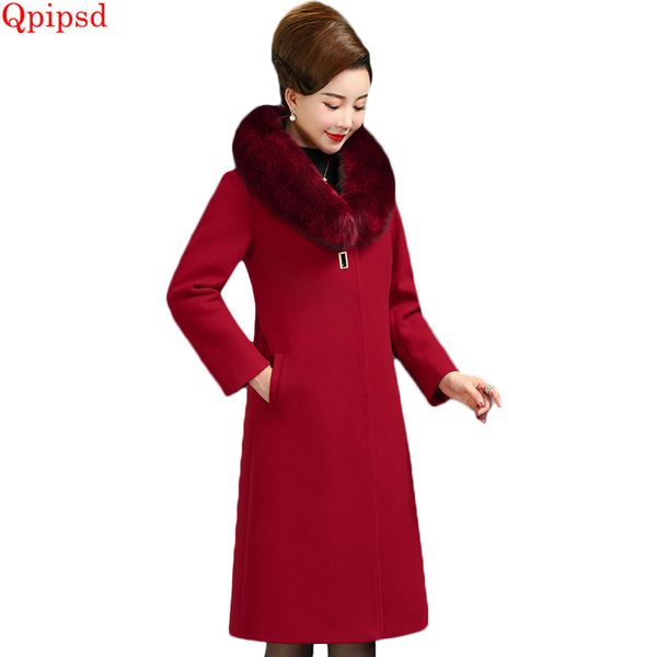 

temperament slim woolen coat 2019 winter middle-aged women warm wool jacket coat female plus size wool parka women long overcoat, Black
