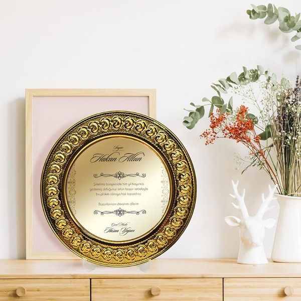 

personalized rose embroidered gold metal plate