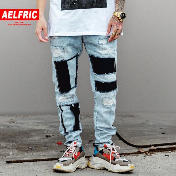 

aelfric hip hop patchwork hole mens cargo pants vintage streetwear male denim trousers fashion zippers harajuku joggers jeans, Black