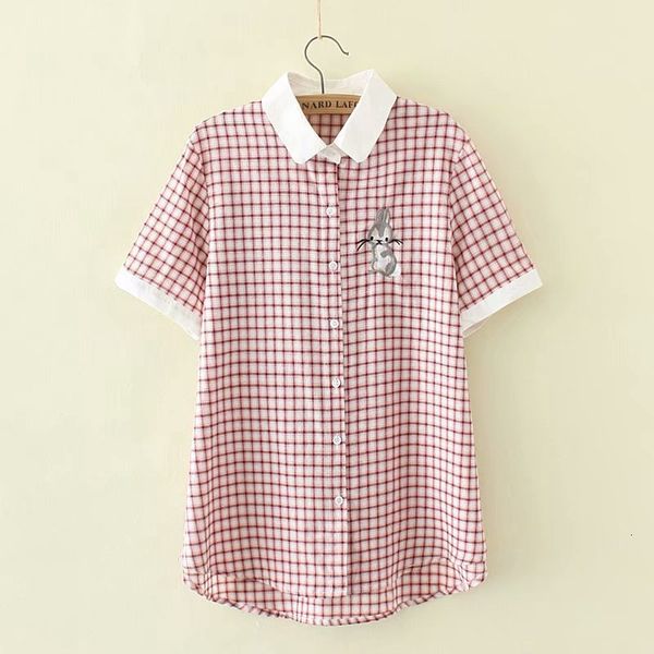 

plus size women plaid blouse red blue short mouw shirts works top, White