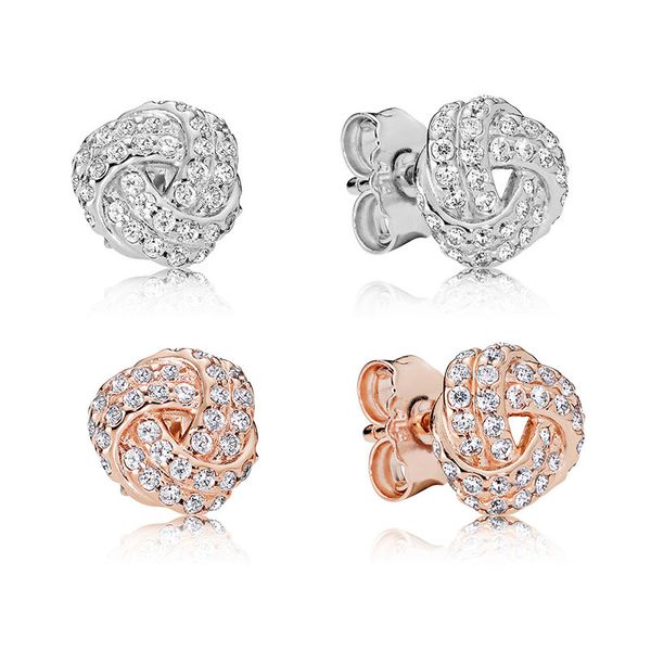 

18k rose gold sparkling love knots stud earrings original box for pandora 925 sterling silver women girls earring set, Golden;silver