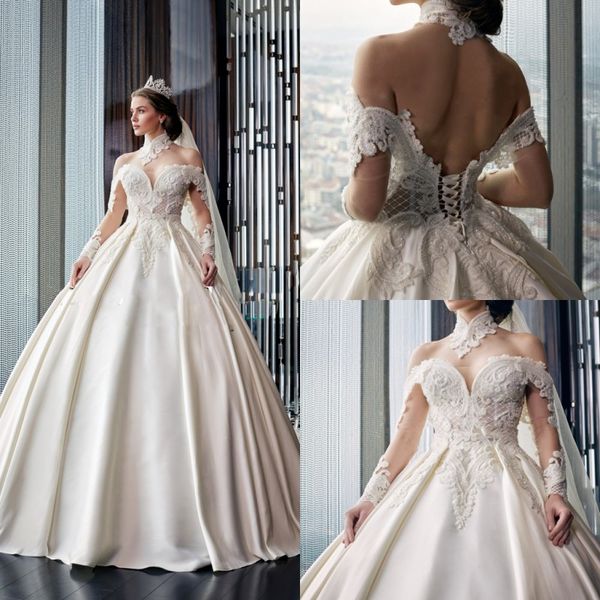 

роскошные бальные платья атласные свадебные платья с плеча аппликация свадебные платья свадебные платья арабский дубай бусины плюс размер св, White