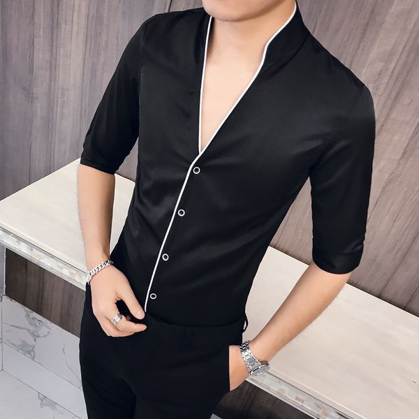 

fashion camisa hombre brand new shirts men slim fit v neck casual half sleeve men shirt summer business formal wear 3xl- sale, White;black