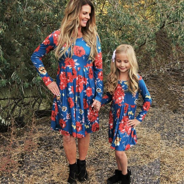 

2019 family matching outfits mother and daughter long sleeve floral casual dress women kids girls party dress clothing e0181, Blue