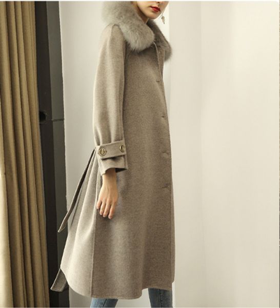 

fox wool collar double-sided cashmere coat women's new belt mid long wool coat woolen in autumn and winter 2019, Black