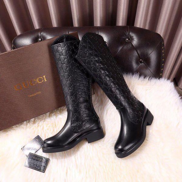 

luxury letter embossing ribbon long black genuine cowhide leather woman s high boots 35-41 with box