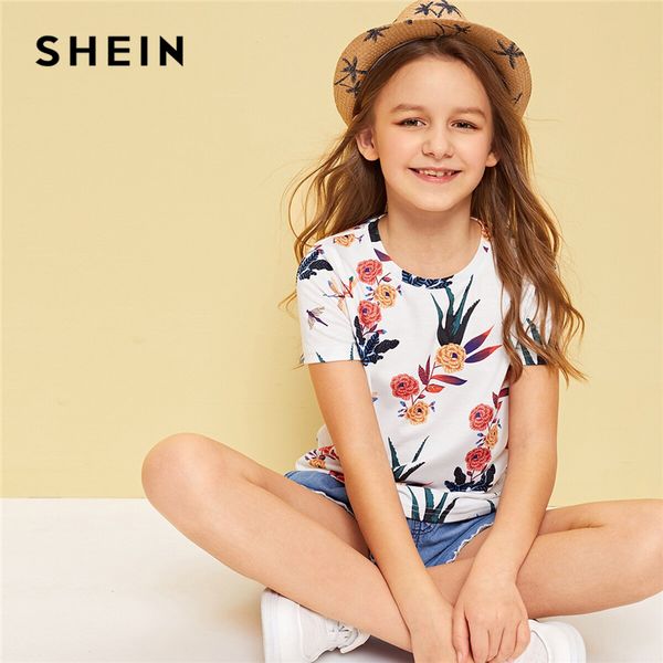 

shein kiddie toddler girls white floral print holiday t-shirt child 2019 summer vacation short sleeve boho beach casual tee, Blue