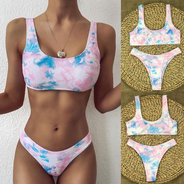 

summer tie-dye printed beach swimsuit suit women push-up padded bra bikini set swimsuit swimwer stroj kapielowy damski, White;black
