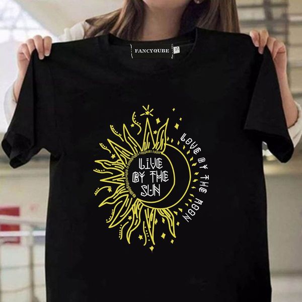 

summer fashion boho cool print vintage t shirt love by the sun\/moon letter t shirts short sleeve graphic tee, White