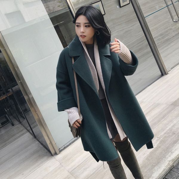 

england style solid long women wool coat loose pockets winter jacket turn-down collar warm green cashmere coat 2018, Black