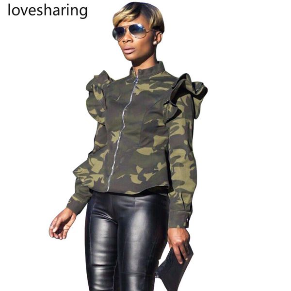 

plus size army green camouflage bomber jacket women streetwear long sleeve ruched zipper slim short coats and jackets outerwear, Black;brown