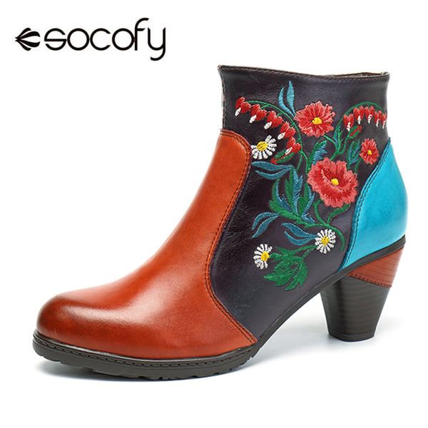 

socofy retro embroidery flower ankle boots women shoes genuine leather zipper casual shoes woman designer boots botas mujer new, Black