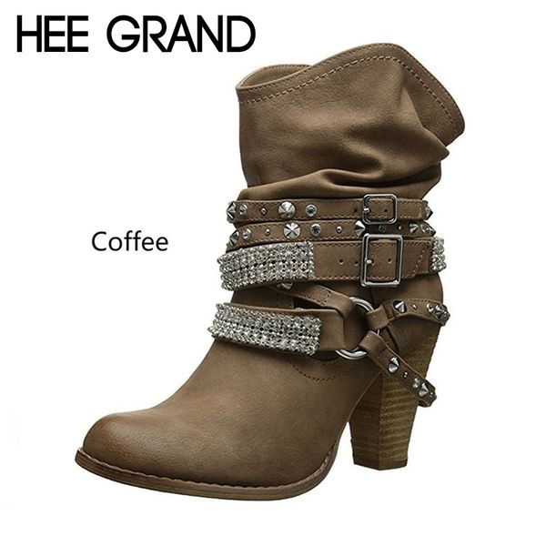 

hee grand 2018 women fashion high heel boots new buckle strap boots winter shoes motorcycle ankle mujer bootie xwx6928, Black