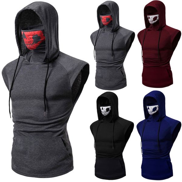 

2019 new running shirt mens skull mask button sports vest hooded splice large open-forked male vest dropshipping ropa deportiva, Black;red