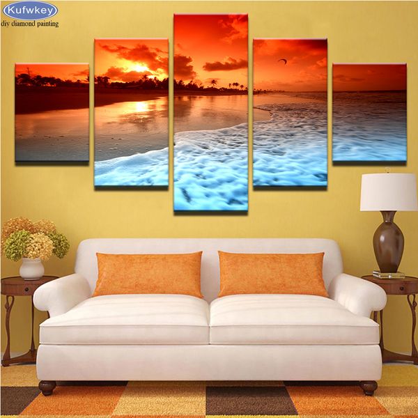 Acheter 3d Diamant Broderie Coucher Du Soleil Glow Plage Mer Vagues Diy Diamant Peinture Paysage Naturel Point De Croix Mosaïque Autocollants De