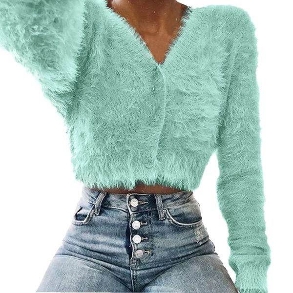 

women winter v-neck long sleeve furry casual warm sweater popular ladies solid color cropped pullover clothes sweaters 2019, White;black