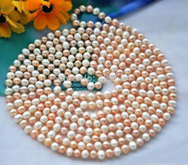 

long 8mm round white pink freshwater cultured pearl necklace 100inch, Silver