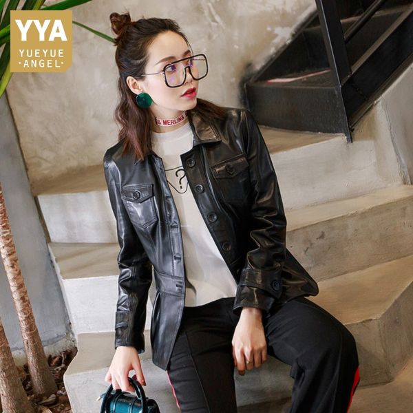 

2019 lady корейский стиль свободный тонкий кожаный костюм с талией натуральная кожа куртка из овчины твердые черные воротник куртки пальто, Black