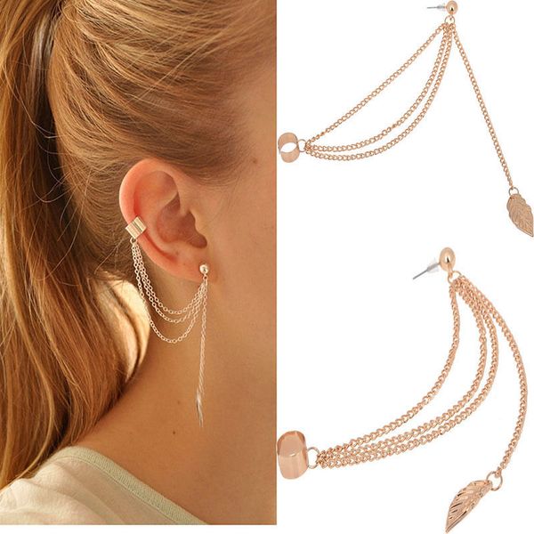 

1pcs women tasssel dangle ear cuff wrap earring clip earring girl stylish punk rock leaf chain women long cuff, Silver
