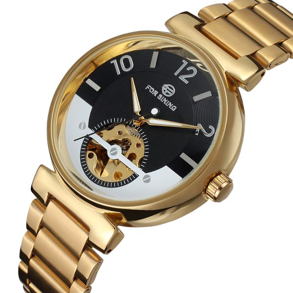 

forsining 2019 creative watch golden stainless steel men's watch automatic skeleton wristwatch luminous clock, Slivery;brown