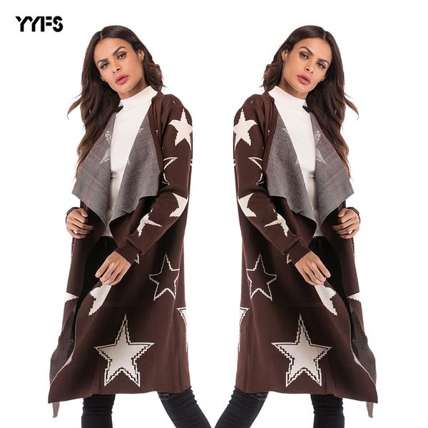 

sweater knitted coat womens 2020 spring european and american womens loose star pattern knitted cardigan midi coat, White;black