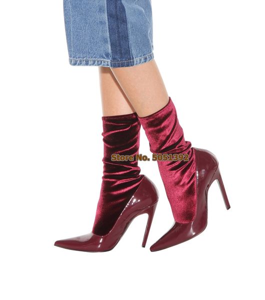 

women high thin heel pointed toe mid-calf boots patent leather patchwork velvet elastic boots fashion sock wine red plus, Black