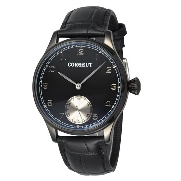 

luxury corgeut 44mm black pvd case mechanical clock hand winding 6498 mens water resistant wristwatch brand, Slivery;brown