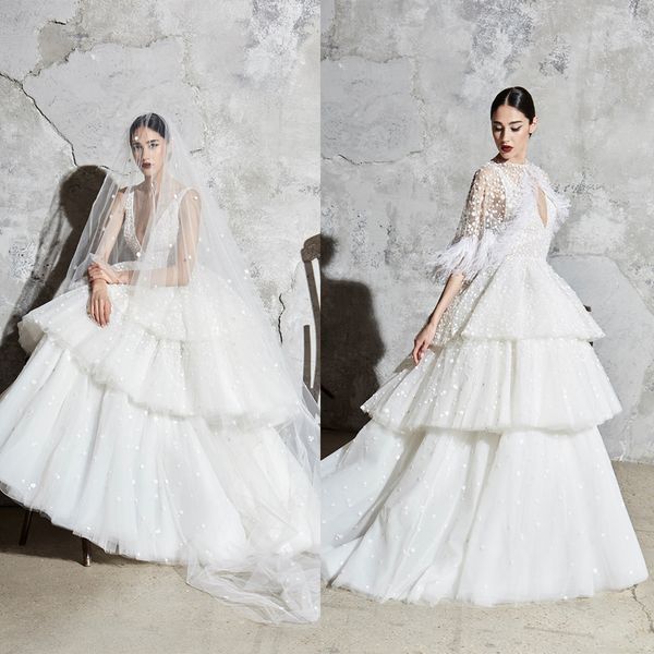 

beautiful zuhair murad a line wedding dresses with jacket v neck sleeveless lace applique ruffles wedding gowns sweep train robe de mariÃ©e, White