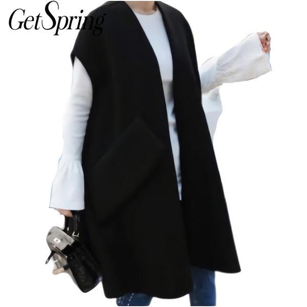 

getsring women vest solid v neck womens wool vests all match loose long sleeveless vest 2018 autumn winter womens casual wear, Black;white