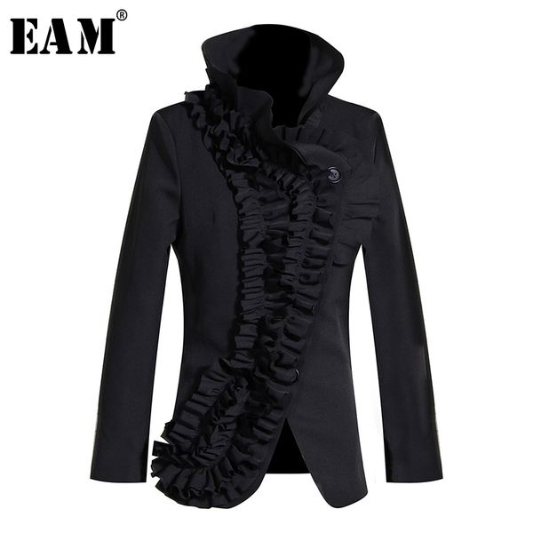 

eam] loose fit black ruffles split asymmetrical jacket new stand collar long sleeve women coat fashion autumn winter 20191m005, Black;brown