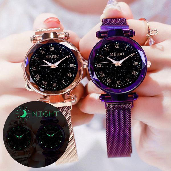 

fashion starry sky magnet watch stainless steel waterproof quartz wristwatch ladies elegant casual luminous watch, Slivery;brown