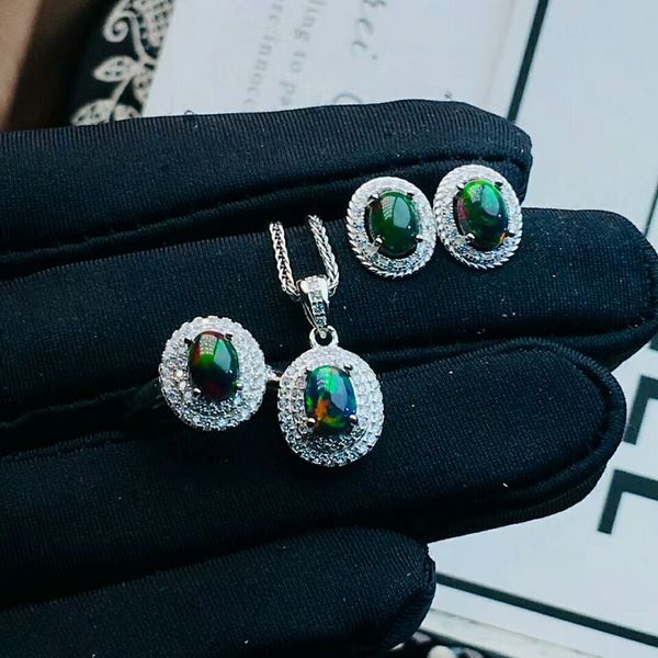 

meibapj natural black opal gemstone earrings ring and necklace 3 siut for women real 925 sterling silver fine nice jewelry set
