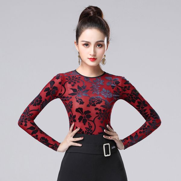 

latin dance long sleeve round neck fashion print women shirts practice dacning clothes cha cha rumba samba wear dnv11195, Black;red