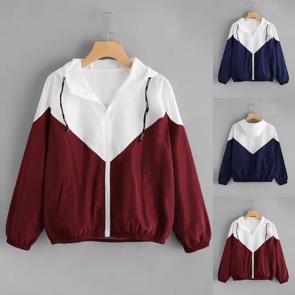 

windbreaker jacket women long sleeve two tone jacket autumn fashion patchwork hooded coats female red jackets, Black;brown