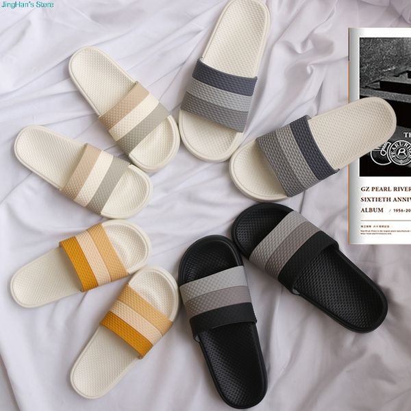 

summer women slippers fashionable stripe indoor bathroom slipper couples slides flip flops soft flat women shoes, Black