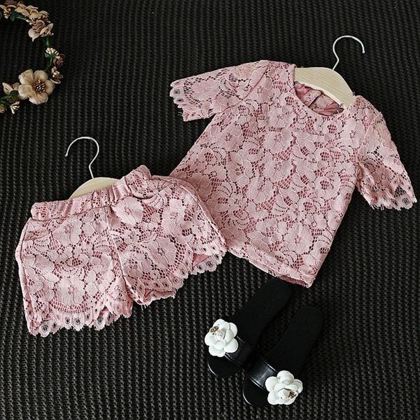 

summer new girls pink lace short-sleeved shirt and shorts two-piece suit fashion girl shirt shorts suits, White