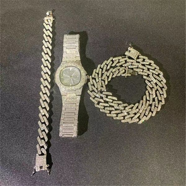 

hip hop necklace +watch+bracelet bling iced out miami zircon cuban full pave rhinestone men bracelet necklace for men jewelry, Silver