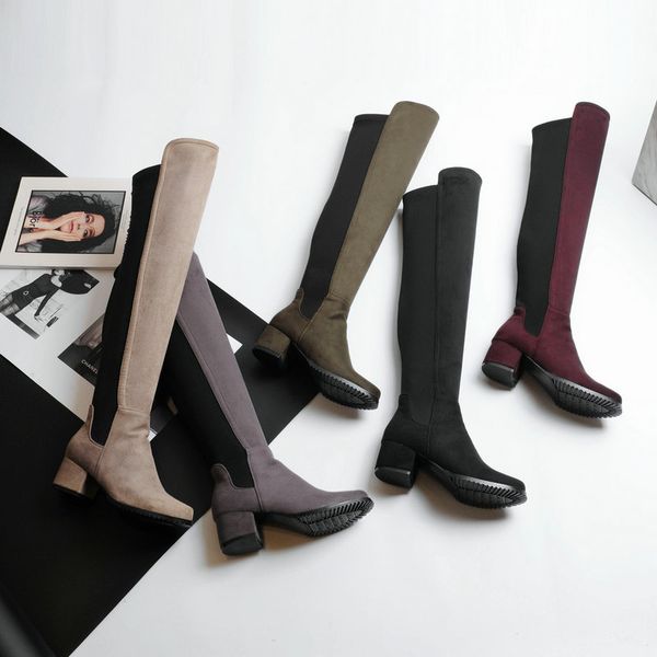 

2019 autumn winter women boots knee high boots block heel black beige gray woman long stretch shoes dropshipping