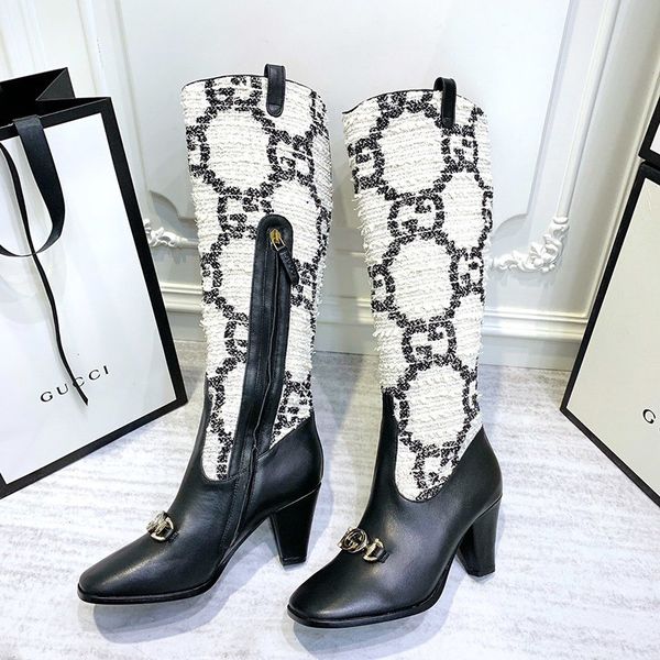 

autumn and winter europe and america handsome boots high-heeled women's boots side zipper colorblock stripe matching with ms. knight bo, Black