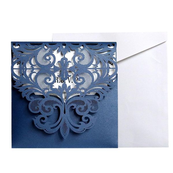 

10pcs european style deep-blue lace hollow-out invitation card wedding invitation letter festival greeting card