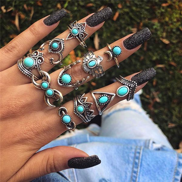 

femme vintage silver rings for women 11pcs/set boho geometric turquoise flower knuckle ring set bohemian midi finger jewelry bague