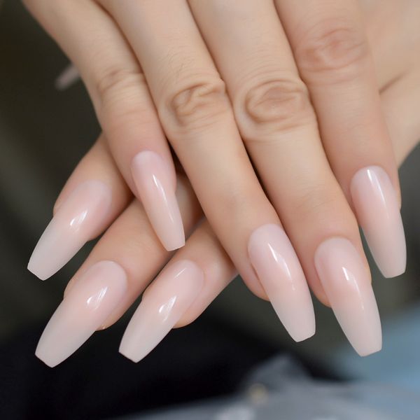 

natural nude coffin long nail shiny extra size classic ballerina lightly nail tips acrylic uv gel daily wear 24, Red;gold