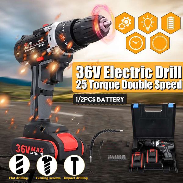 Электрический Cordless Drill 36V Double-Speed ​​LED Регулировка рабочего освещения ударные отвертки Дрель Инструменты с битовыми наборами